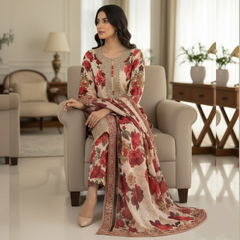 Embroidered Lawn Three Piece Suit With Chiffon Dupatta