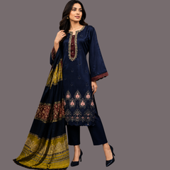 Embriodered Dhanak Three Piece Suit With Wool Shawl