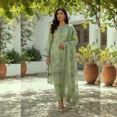 Embroidred Lawn Three Piece Suit With chiffon Dupatta