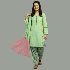 Chikenkari three piece suit with Chiffon dupatta