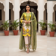 Embroidered Lawn Three Piece Suit With Chiffon Dupatta