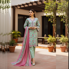 Lawn Three Piece Suit With Lawn Dupatta