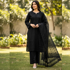 ChikanKari Lawn Three Piece Suit With Chiffon Dupatta