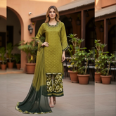 ChikanKari Three Piece Suit With Chiffon Dupatta