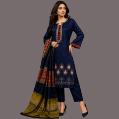 Embriodered Dhanak Three Piece Suit With Wool Shawl