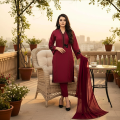Lawn Three Piece Suit Embellished with Velvet