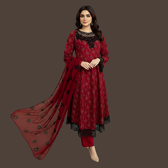 Lawn Three Piece Frock With Chiffon Dupatta
