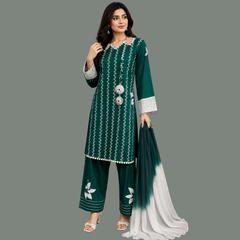 Embroidered Lawn Three Piece siut with Chiffon  dupatta