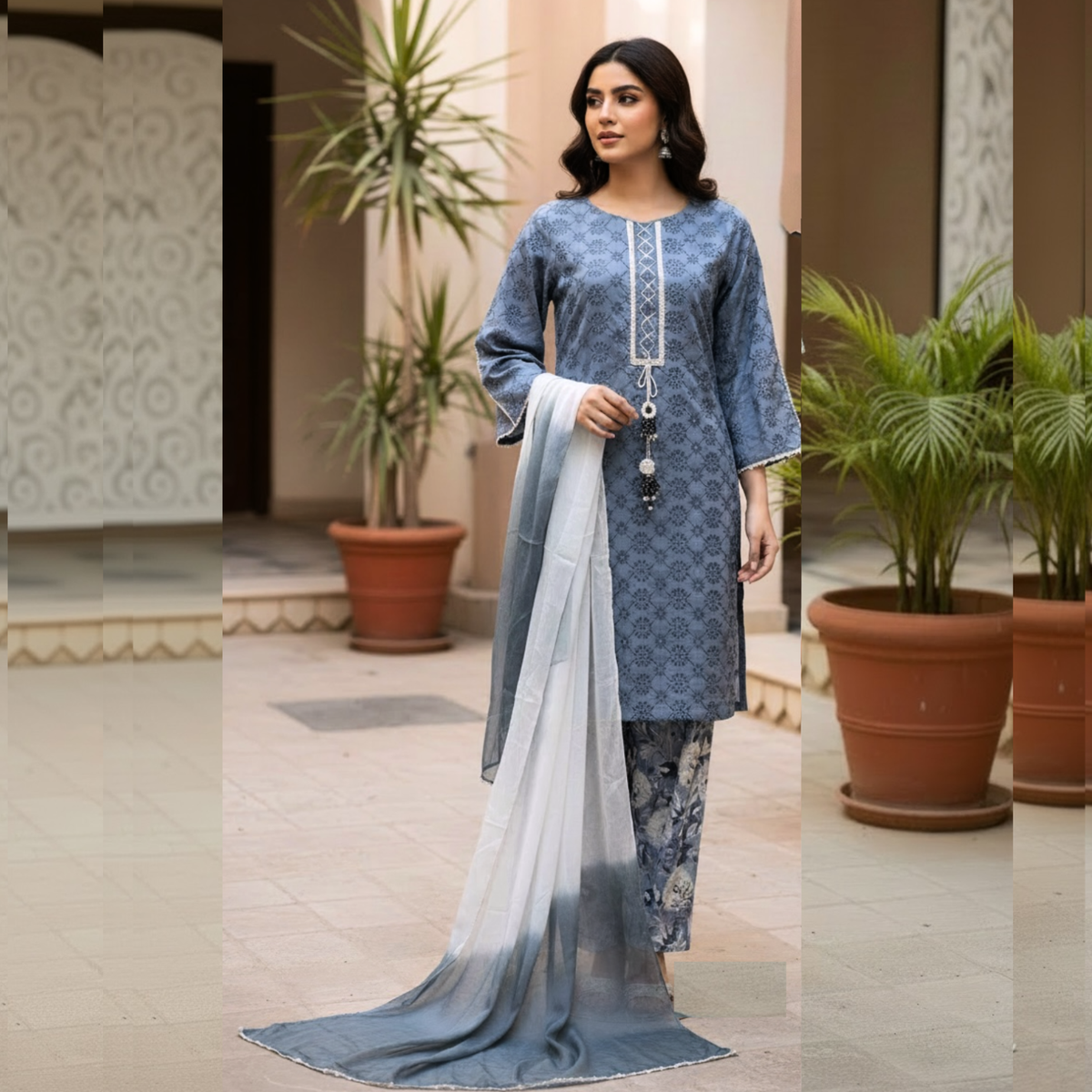 Chikenkari Three Piece Suit With chiffon dupatta