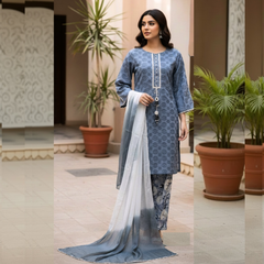 Chikenkari Three Piece Suit With chiffon dupatta
