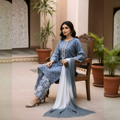 Chikenkari Three Piece Suit With chiffon dupatta