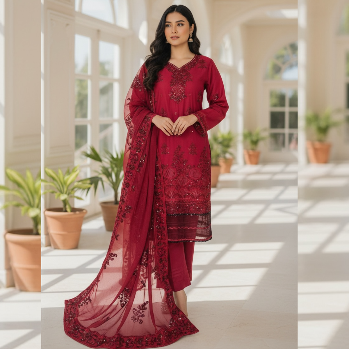 Embroidered Lawn Three Piece Suit With Chiffon Dupatta