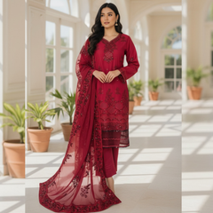 Embroidered Lawn Three Piece Suit With Chiffon Dupatta