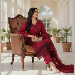 Embroidered Lawn Three Piece Suit With Chiffon Dupatta