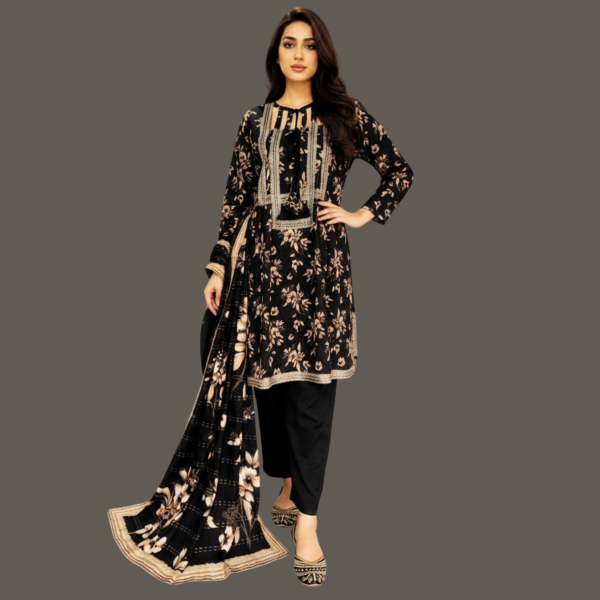 Lawn three piece frock with lawn dupatta