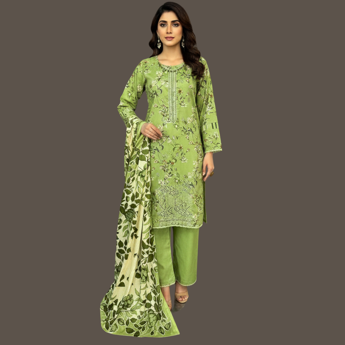 Embroidered lawn three piece suit with lawn dupatta