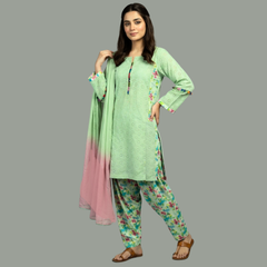 Chikenkari three piece suit with Chiffon dupatta