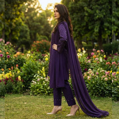 Chikankari lawn three piece suit with lawn dupatta