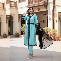 Lawn Three Piece Frock With Chiffon Dupatta