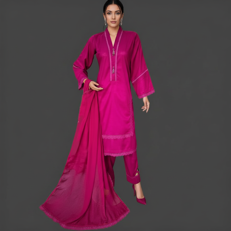 Lawn Three piece Suit with Chiffon Dupatta