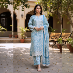 Embroidered Lawn Three Piece Suit With Chiffon Dupatta