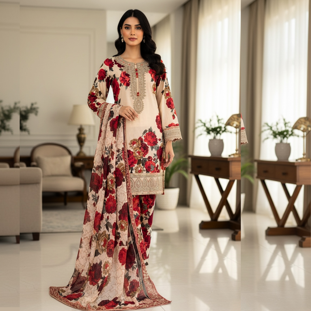 Embroidered Lawn Three Piece Suit With Chiffon Dupatta