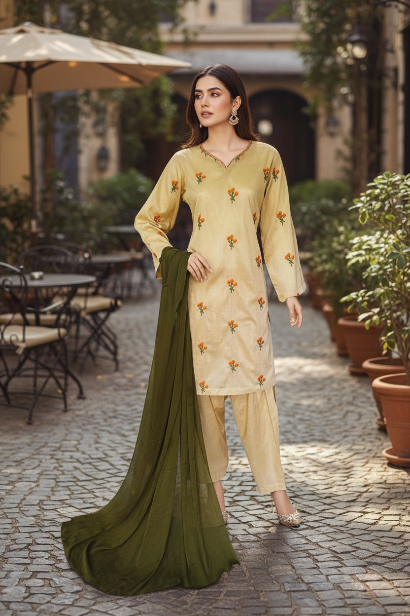 Embroidered Lawn Three Piece Suit With Chiffon Dupatta