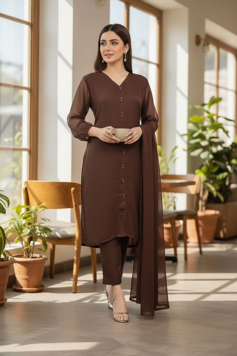 Chiffon Three Piece Suit With Chiffon dupatta