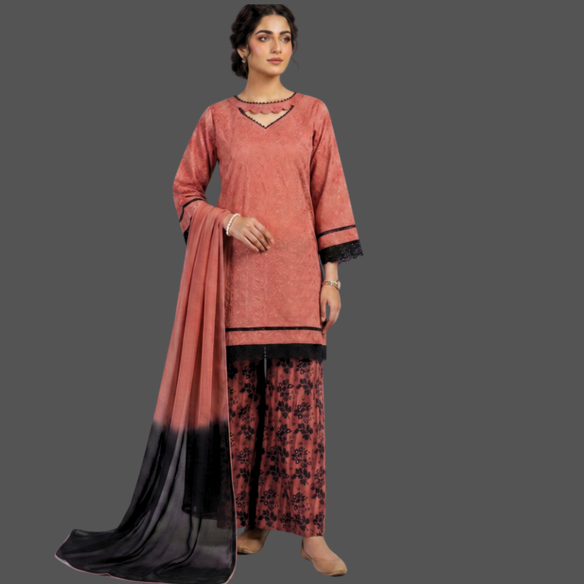 Chikankari three piece suit with Chiffon dupatta