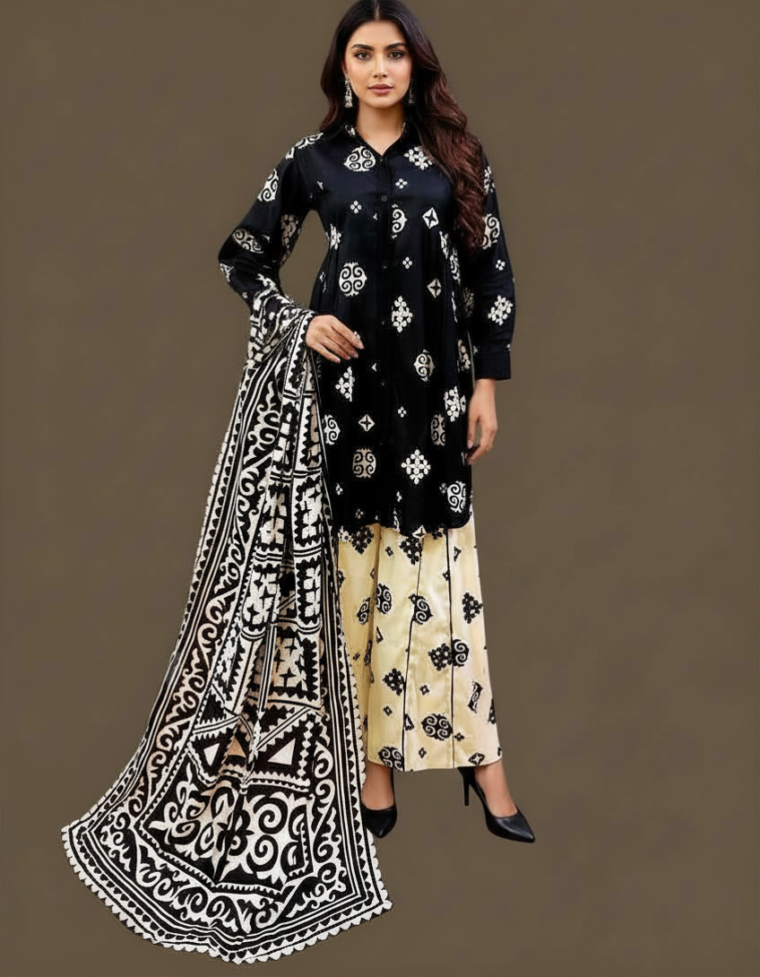 Lawn Three Piece Frock With Lawn Dupatta