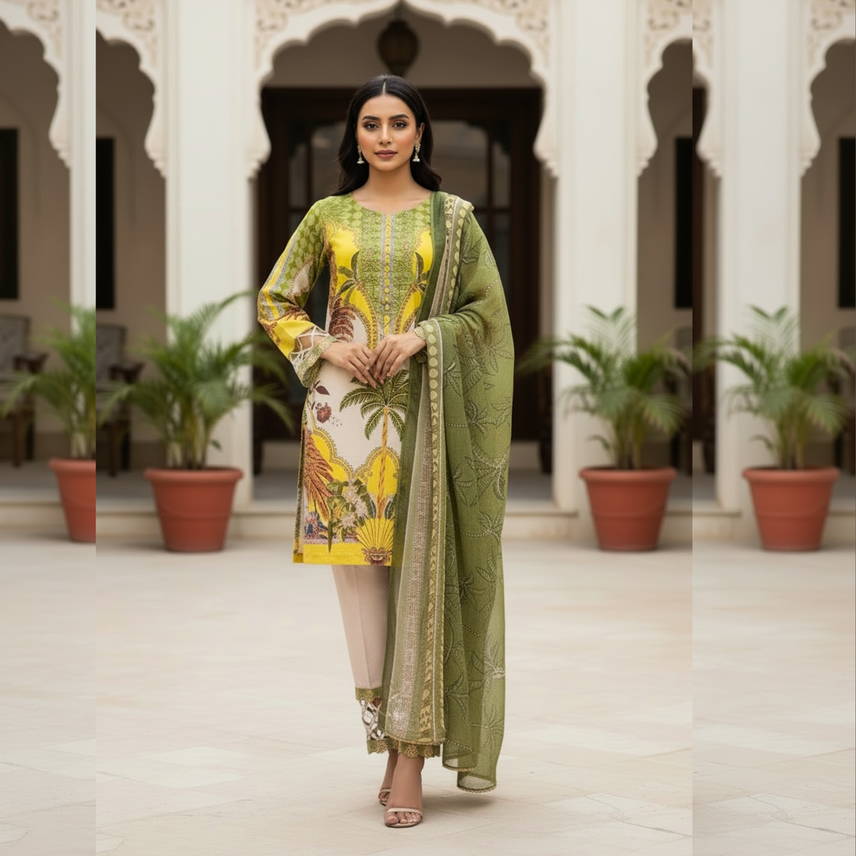 Embroidered Lawn Three Piece Suit With Chiffon Dupatta