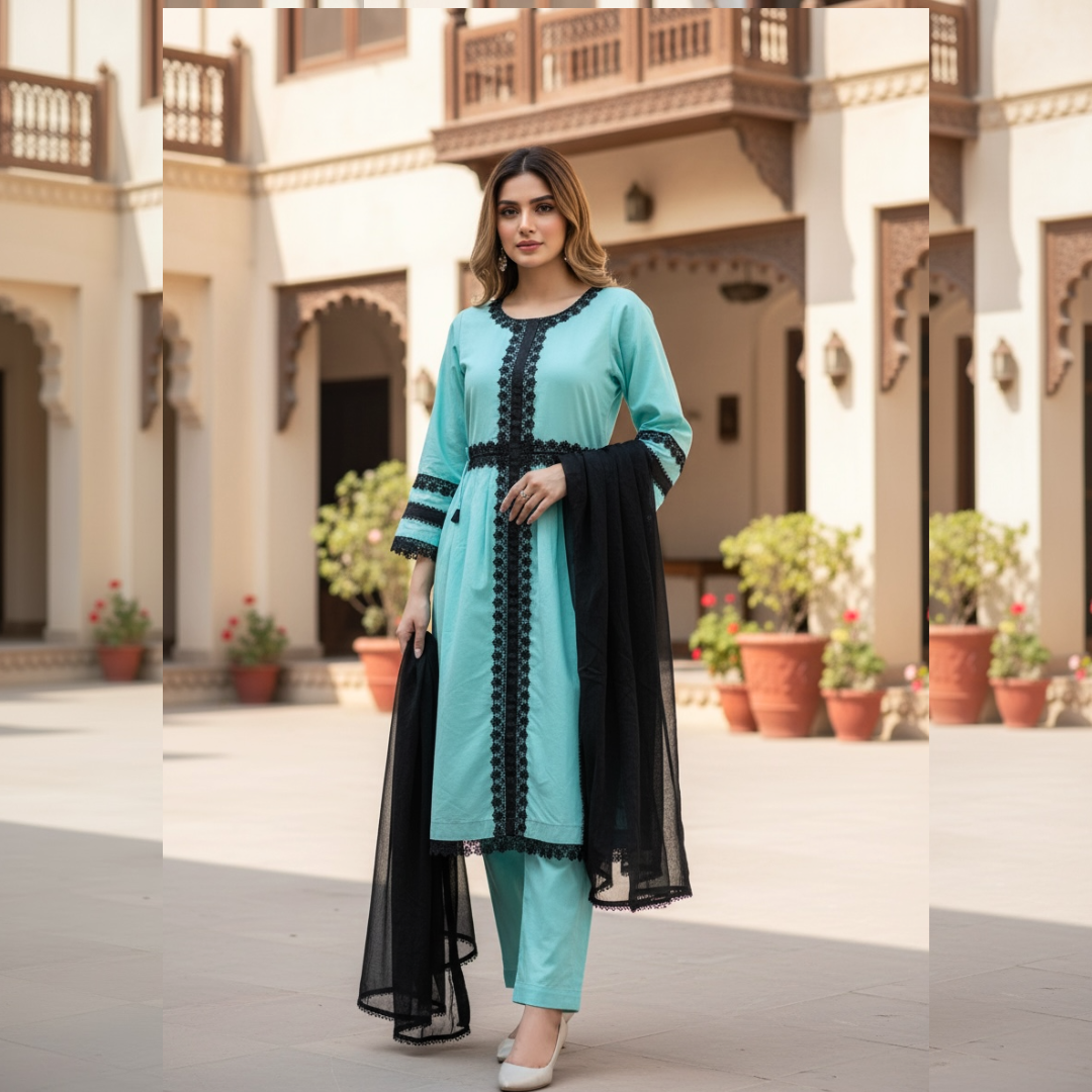 Lawn Three Piece Frock With Chiffon Dupatta