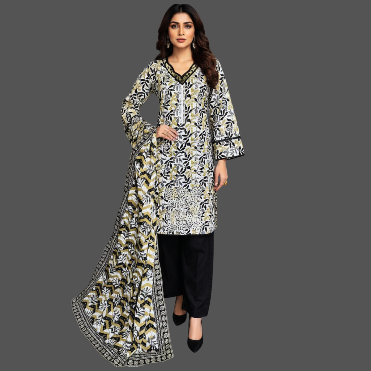 Embroidered Lawn Three Piece Suit With Lawn Dupatta
