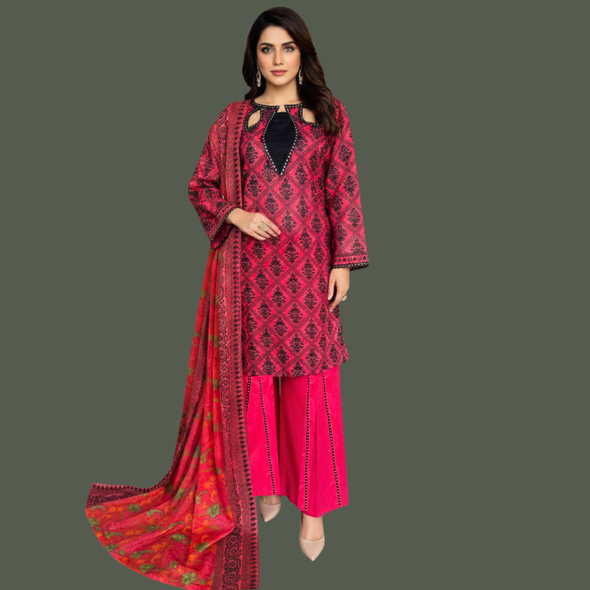Lawn Three Piece Suit With Lawn Dupatta