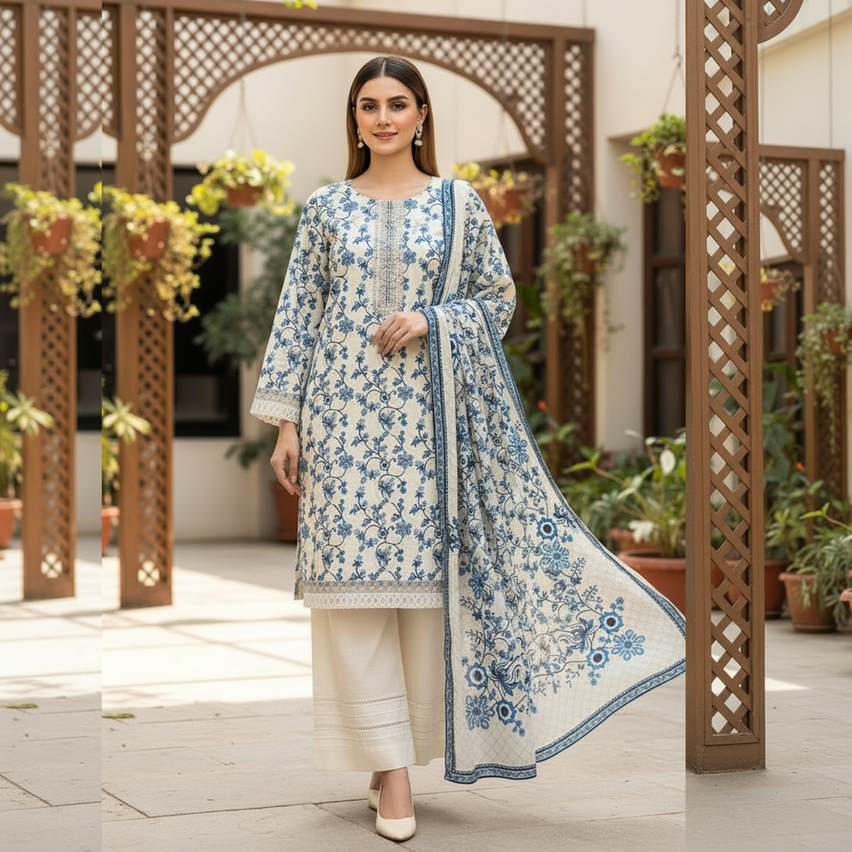 Embroidered Lawn Three Piece Suit With Lawn Dupatta
