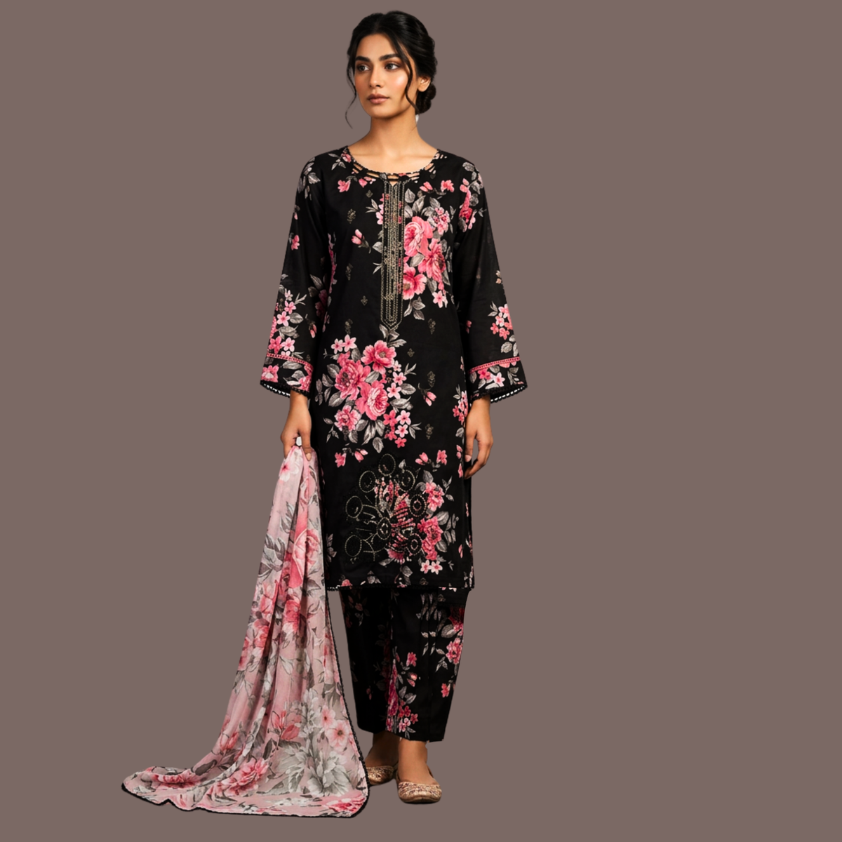 Embroidered lawn three piece suit with Chiffon dupatta